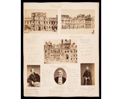 * Paris Commune, 1871. A collection of 35 mounted albumen print photographs on rectos and versos of three large album leaves,