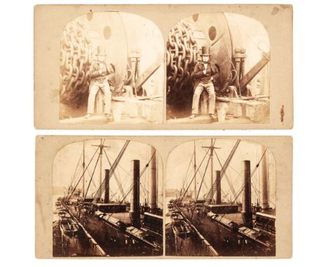 * Howlett (Robert, 1830-1858). Isambard Kingdom Brunel, seated by the launching chains of the SS Great Eastern, 1857, stereos