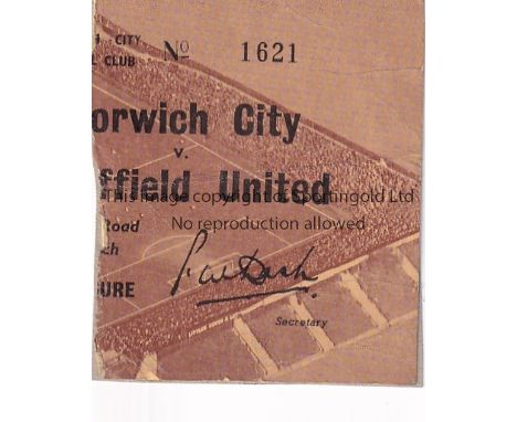 NORWICH - SHEF UTD TICKET   Norwich match ticket v Sheffield United, 4/3/59, Cup replay, torn in half on admittance.  Fair-ge
