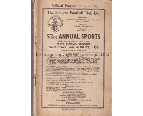 RANGERS 1938   Official programme, Rangers Football Club 52md Annual Sports, 6/8/1938 at Ibrox Stadium. Five a side football 