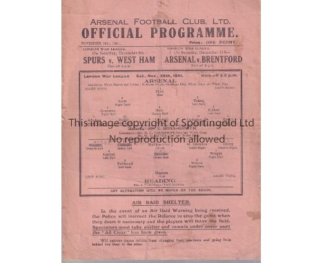 ARSENAL - READING 41   Arsenal home programme v Reading, 29/11/41,  fold, a few marks, pencil changes.  Fair