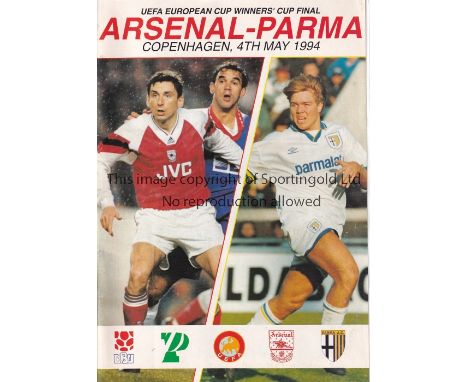 1994 ECWC FINAL     Programme for the Arsenal v. Parma match in Copenhagen plus a single sheet insert for the Parma line-up a