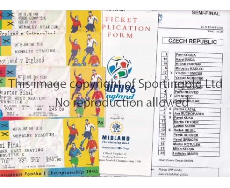 EURO 1996   Five programmes all with tickets and 3 Team sheets for Euro 1996 matches and a copy of L'Equipe newspaper coverin