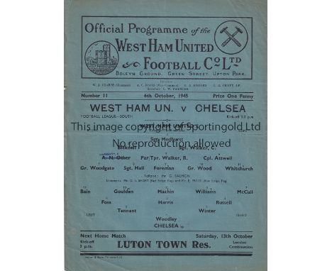WEST HAM / CHELSEA    Single sheet programme West Ham United v Chelsea Football League South 6th October 1945. One team chang