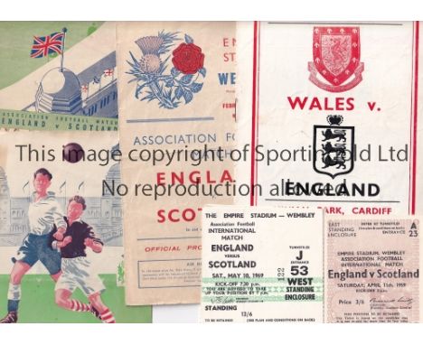 ENGLAND   Seventeen England home programmes and one Away v Wales 1955 plus 4 tickets v Scotland 1959, 1971 (3). Home programm