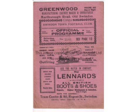 SWINDON - ARSENAL 1929   Swindon home programme v Arsenal, 16/2/1929, Cup, slight tears along folds.  Fair-generally good