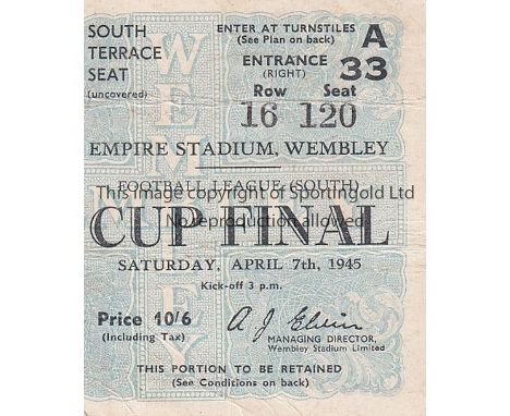 WAR CUP FINAL TICKET    Ticket Chelsea v Millwall War Cup Final South 7/4/1945. Light horizontal fold. Fair to generally good