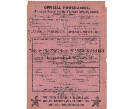 WAR-TIME FOOTBALL AT TOTTENHAM 1945 / AUTOGRAPHS      Single sheet programme for the Army International, England v Scotland 3