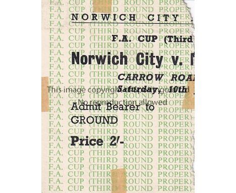 NORWICH - MAN UTD TICKET    Norwich match ticket v Manchester United, 10/1/59, Cup, torn in half upon admittance, tape marks 