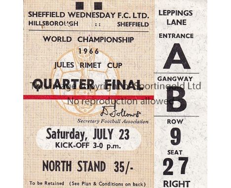 1966 WORLD CUP        Seat ticket for the Quarter-Final at Hillsborough, Sheff. Weds. FC, West Germany v Uruguay 23/7/1966, s