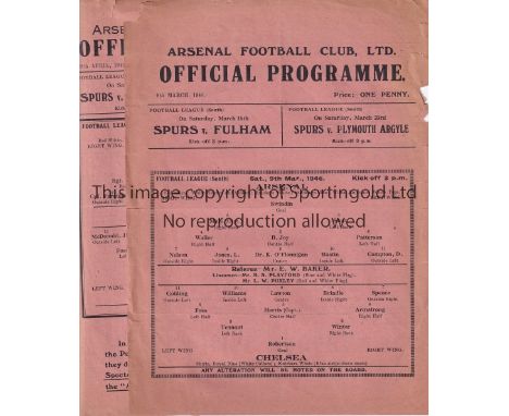 ARSENAL / CHELSEA    Two single sheet programmes for War League matches between Arsenal and Chelsea 28/4/1945 (team changes/s