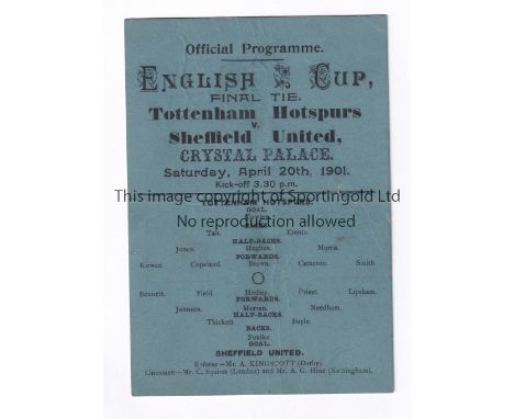 1901 CUP FINAL    Official programme, matchcard, 1901 Cup Final, Tottenham Hotspurs( sic) v Sheffield United, 20/4/1901 at Th