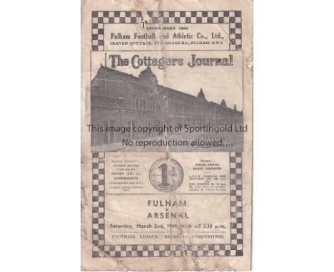 FULHAM - ARSENAL 1940   Fulham home programme v Arsenal, 2/3/1940, Regional Competition, worn along folds and grubby in parts