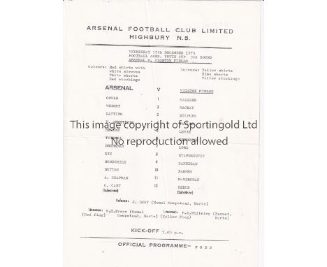 ARSENAL        Single sheet home programme v. Wigston Fields 17/12/1975 Youth Cup. Slight horizontal crease.     Generally go