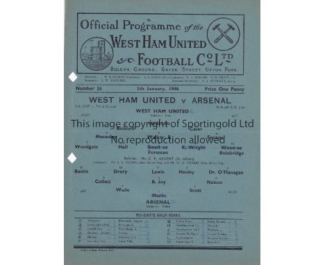 WEST HAM - ARSENAL  46   West Ham single sheet home programme v Arsenal, 5/1/46, FA Cup, diamond shaped punch-holes, print no