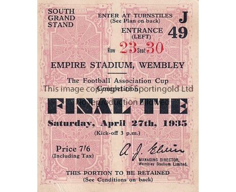FA CUP FINAL TICKET    Ticket Sheffield Wednesday v West Bromwich Albion FA Cup Final 27/4/1935.     Generally good