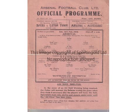 ARSENAL - TOTTENHAM 43   Arsenal single sheet home programme v Tottenham, 13/2/43, folds and repair along fold on reverse sid
