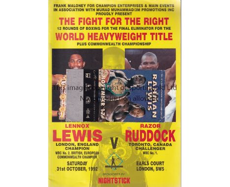 BOXING     Programme for the Heavyweight title fight at Earl's Court, London between Lennox Lewis and Razor Ruddock 31/10/199