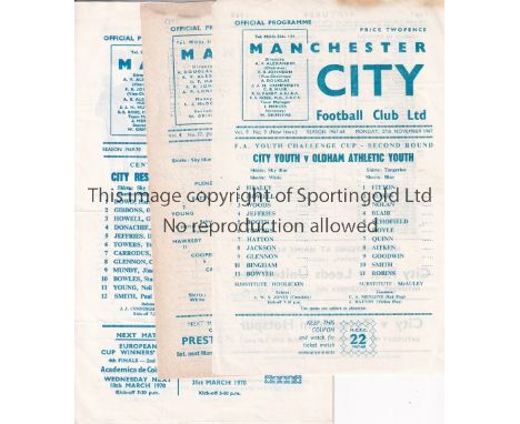MANCHESTER CITY   Circa 100 Manchester City home and away Reserves and Youth Cup  programmes, mostly single sheets , tokens i