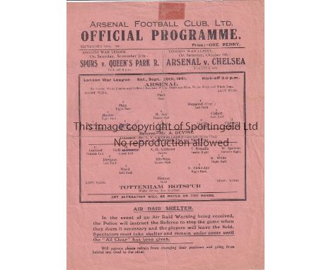 ARSENAL - TOTTENHAM 41   Arsenal single sheet home programme v Tottenham, 20/9/41 at White Hart Lane, pencil changes, fold, m