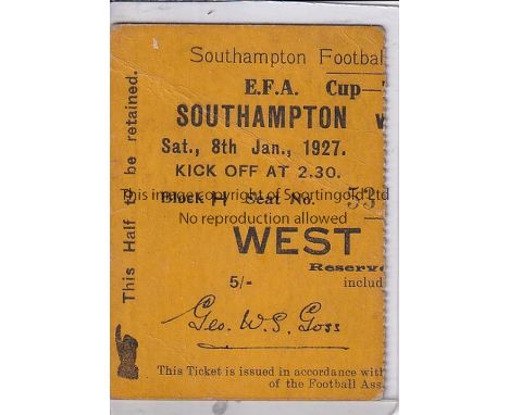 SOUTHAMPTON - NORWICH 1927    Match ticket , Southampton v Norwich, 8/1/1927, FA Cup, reserved seat ticket.  Generally good