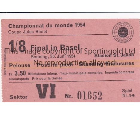 WORLD CUP 1954      Ticket for Hungary v West Germany 20/6/1954 in Basel. Hungary won 8-3 and then lost the Final to the same