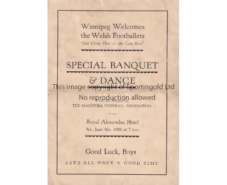 WINNIPEG - WALES 1929   Programme for the game and Banquet/Dance Menu included in one document for  Winnipeg Select Team v We