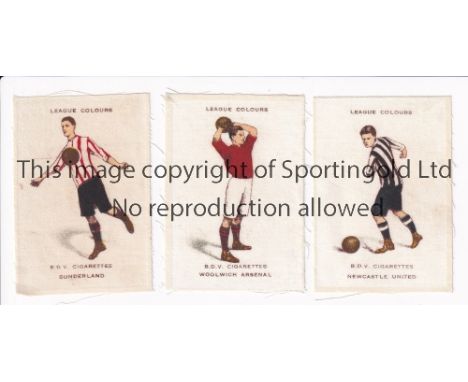 CIGARETTE SILKS    Three small colour silks cards issued by B.D.V  cigarettes, Newcastle United, Sunderland and Woolwich Arse