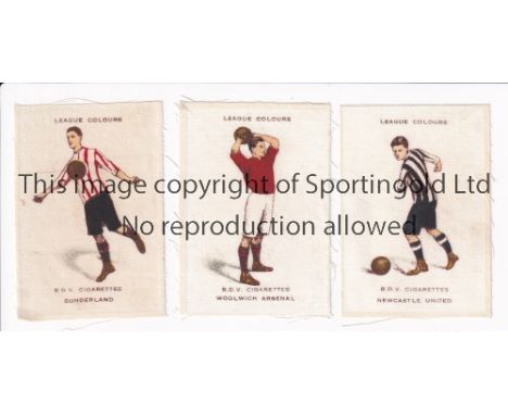 CIGARETTE SILKS    Three small colour silks cards issued by B.D.V  cigarettes, Newcastle United, Sunderland and Woolwich Arse