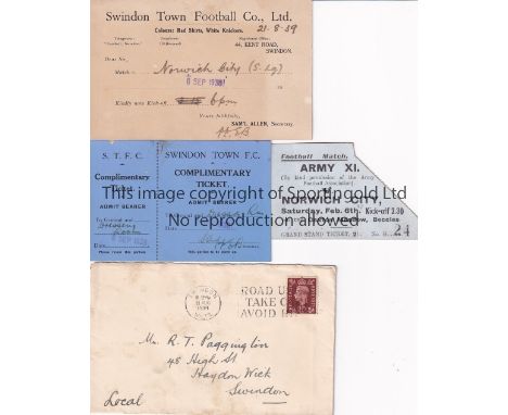 NORWICH    Match ticket Army XI v Norwich  6/2/43 at Beccles (torn at corner on admittance) plus match ticket Swindon v Norwi