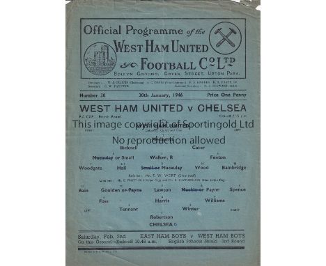 WEST HAM / CHELSEA    Single sheet programme West Ham United v Chelsea FA Cup 4th Round 30th January 1946. Team changes and l