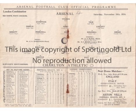 ARSENAL - CHARLTON 1934   Arsenal Reserves home programme v Charlton, 10/11/1934, London Combination. Tape across one inside 
