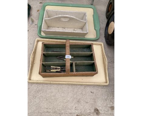 TWO VINTAGE SERVING TRAYS AND TWO VINTAGE STORAGE TRAYS 