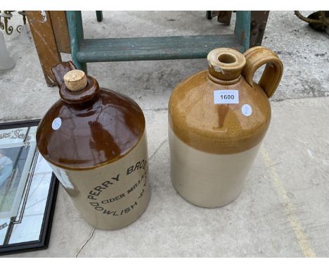 TWO VINTAGE STONEWARE FLAGGONS TO INCLUDE ONE BEARING THE NAME 'PERRY BROS.' 