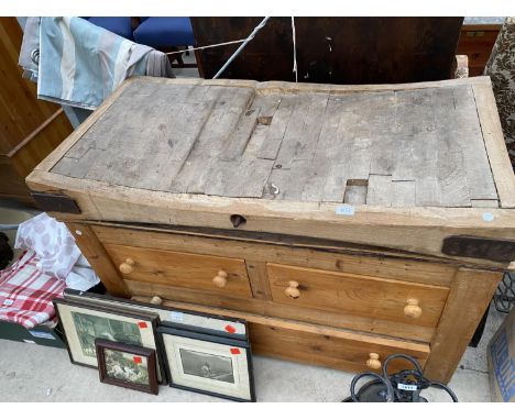 A VINTAGE WOODEN BUTCHERS BLOCK WITH LATER THREE DRAWER BASE (L:122CM W:60CM) 