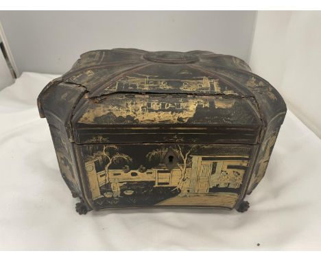 A VINTAGE ORIENTAL LAQUERED TEA CADDY BOX WITH ORIGINAL INTERIOR (LID A/F) 