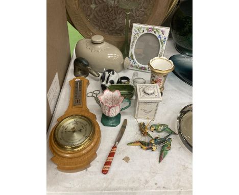 A MIXED LOT TO INCLUDE A BAROMETER, STONEWARE HOT WATER BOTTLE, GLASS EYE BATH, STAFFORDSHIRE STYLE RABBIT, CERAMIC PICTURE F