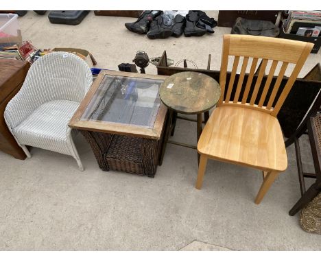 A LLOYD LOOM CHAIR, LAMP TABLE, TALL STOOL AND SINGLE DINING CHAIR 