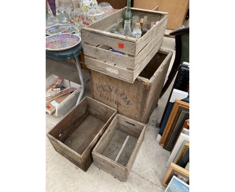 A VINTAGE TEACHEST, THREE MONOGRAMED WOODEN BOXES AND AN ASSORTMENT OF GLASS BOTTLES ETC 