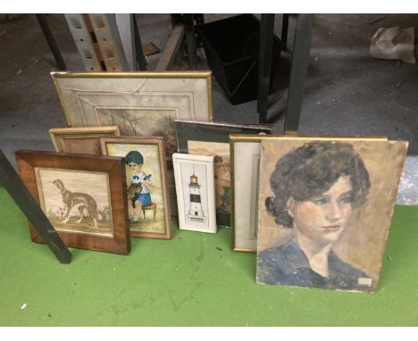 A QUANTITY OF PRINTS AND TAPESTRIES TO INCLUDE AN OIL ON BOARD PORTRAIT OF A LADY 