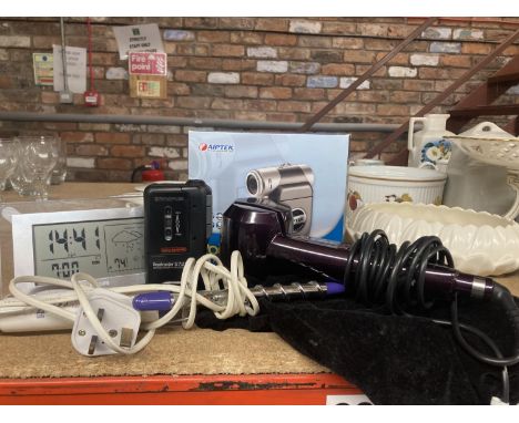 A POCKET DV T1 00LE VIDEO CAMERA, DIGITAL WEATHER STATION, OLYMPUS PERSONAL CASSETTE RECORDER, BABYLISS HAIR CURLER, ETC 