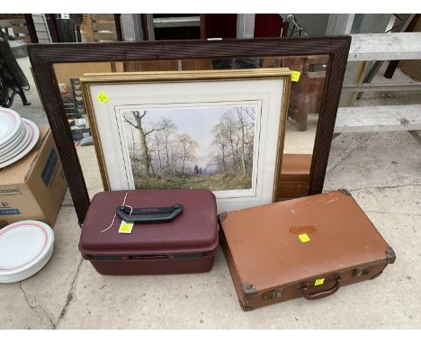 A TRAVEL CASE, FRAMED MIRROR AND FRAMED PRINT ETC 