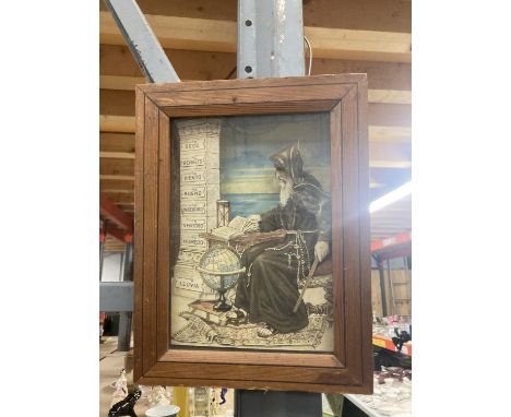 AN UNUSUAL 3-D FRAMED PRINT OF A PHILOSOPHER WITH A KEY TO THE BACK TO MOVE HIS ARM 