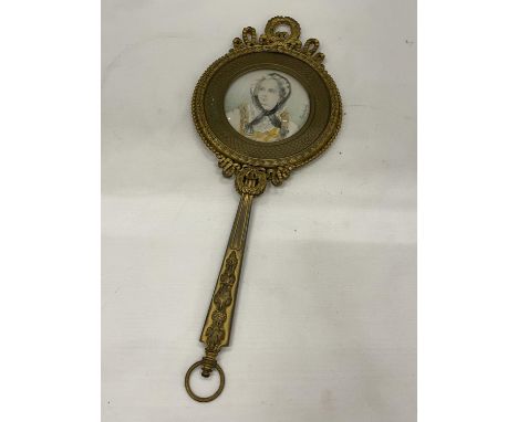 A VICTORIAN HAND HELD MIRROR WITH A PAINTED PORTRAIT OF  A LADY SIGNED MARCHAND 