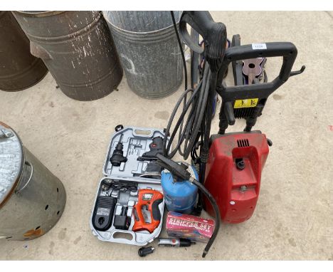AN ASSORTMENT OF TOOLS TO INCLUDE AN ELECTRIC PRESSURE WASHER, A BLACK AND DECKER MULTITOOL AND A FIRE EXTINGUISHER ETC 