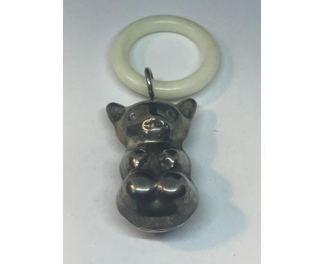A VINTAGE SILVER BEAR RATTLE AND TEETHING RING 