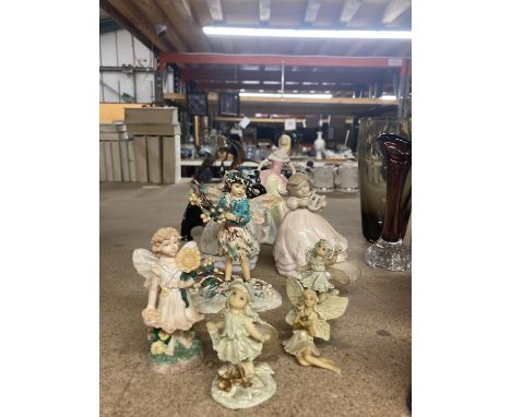 A QUANTITY OF CERAMIC ITEMS TO INCLUDE FAIRY FIGURINES, A VINTAGE LADY FIGURE AND AN ELEPHANT 
