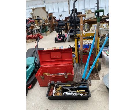 AN ASSORTMENT OF TOOLS TO INBCLUDE SPANNERS, A SACK TRUCK AND A SHOVEL ETC 