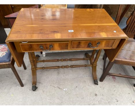 A REPRODUCTION YEW WOOD SOFA TYPE TABLE WITH TWO DRAWERS, 34" WIDE, LEAVES 12" EACH 
