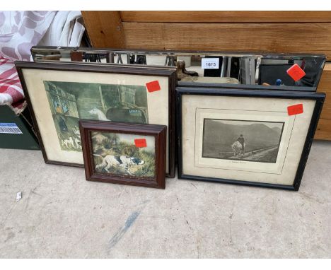 AN UNFRAMED BEVELED EDGE MIRROR AND THREE VINTAGE FRAMED PRINTS 